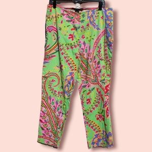 Ralph Lauren Black Label 14 Bright Green/Pink Floral Stretch Ankle Length Pants